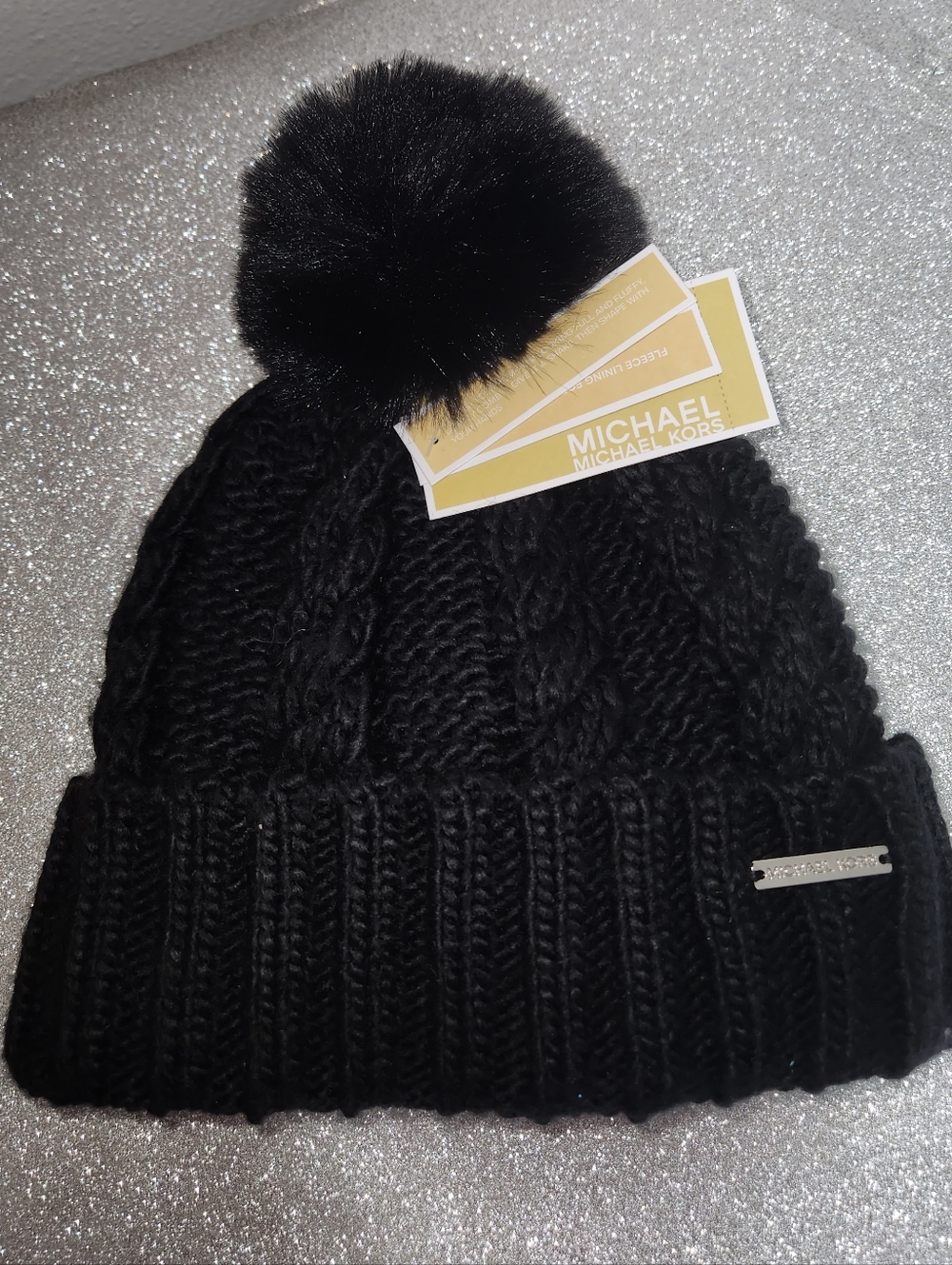 Women's Michael Kors Black Cable-Knit Pom Hat